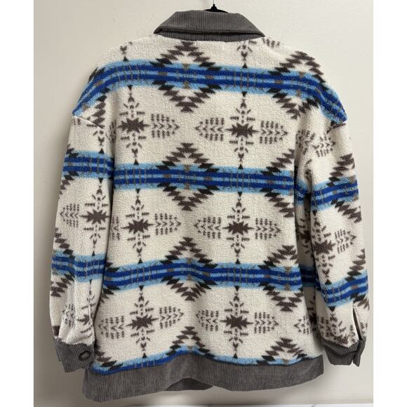 AndTheWhy Sherpa Fleece Jacket Aztec Cream Blue Brown Corduroy Trim Size L - Picture 2 of 5